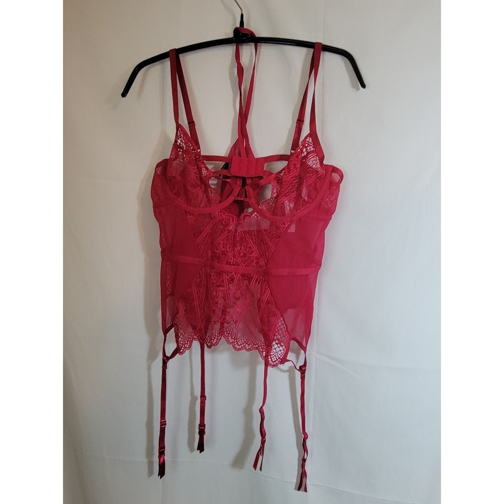 Adore Me Red Lace Mesh Strappy Underwire Corset Bustier Top Lingerie M NWT